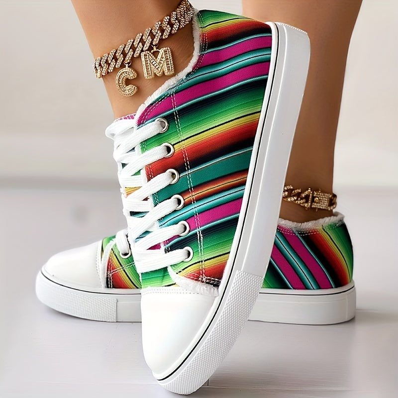 Women's Canvas Sneakers Colorful Striped Low Top Casual Shoes