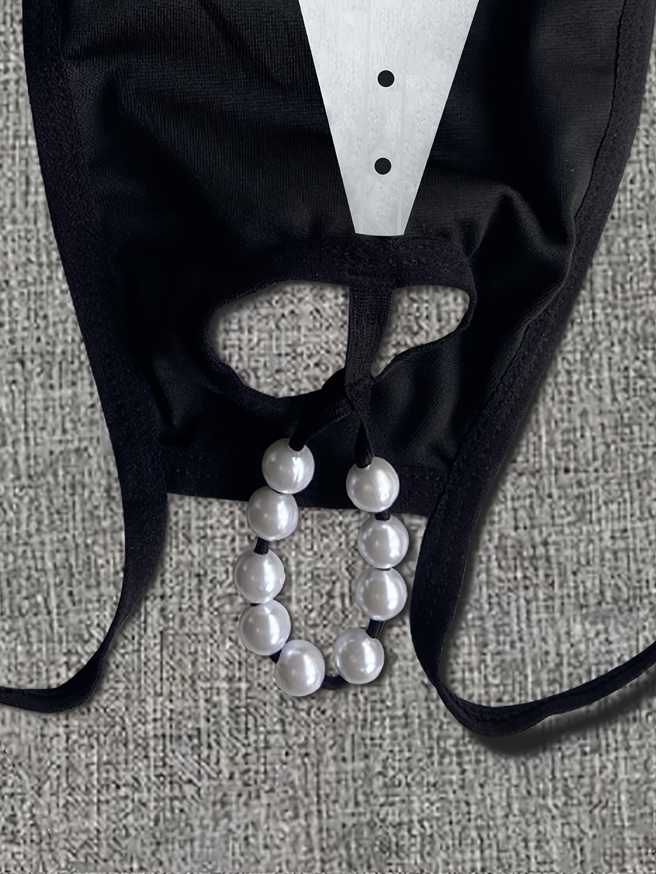 Men's Tuxedo Print Thong with Beaded Chain Detail Sexy Lingerie Medium Stretch Knit Costume Accessory