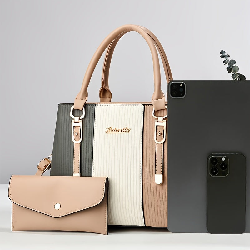 Black Elegant Tote Bag with Fixed Shoulder Straps Zipper Closure and Matching Clutch