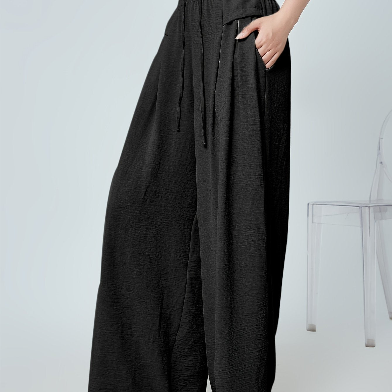 Women's Woven Polyester Lounge Pants with Pleated Details and Pockets