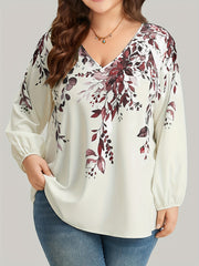 Plus Size Floral Print Blouse V-Neck Long Sleeve Spring Women's Clothing