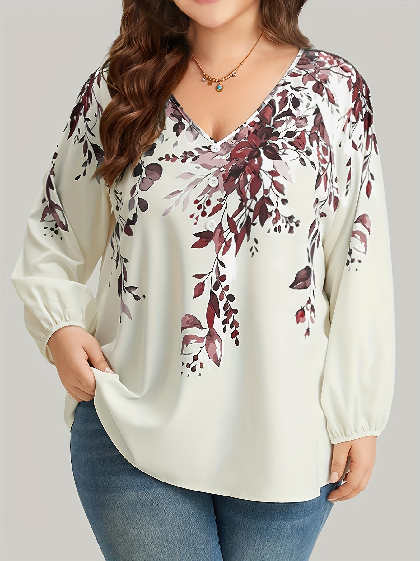 Plus Size Floral Print Blouse V-Neck Long Sleeve Spring Women's Clothing