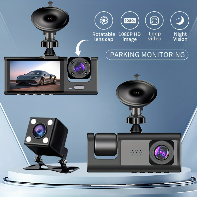 3-Channel Dash Cam with IR Night Vision 1080P HD Front Rear Loop Playback Wide Angle Display