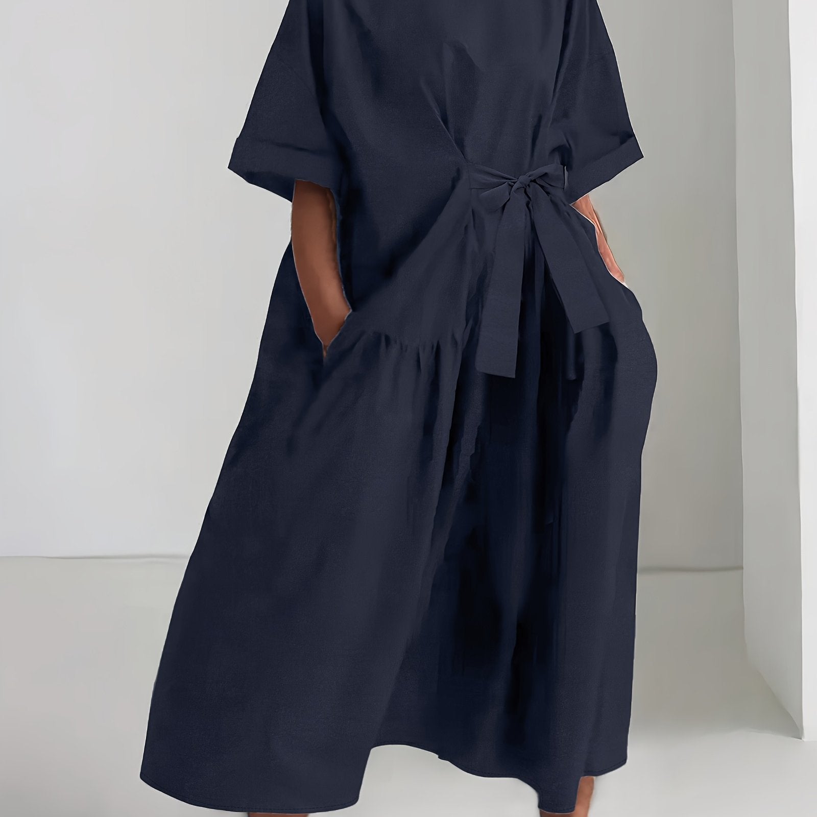 Women's Sleeveless Navy Blue Tunic Dress for Casual Spring and Fall Non-Stretch Polyester