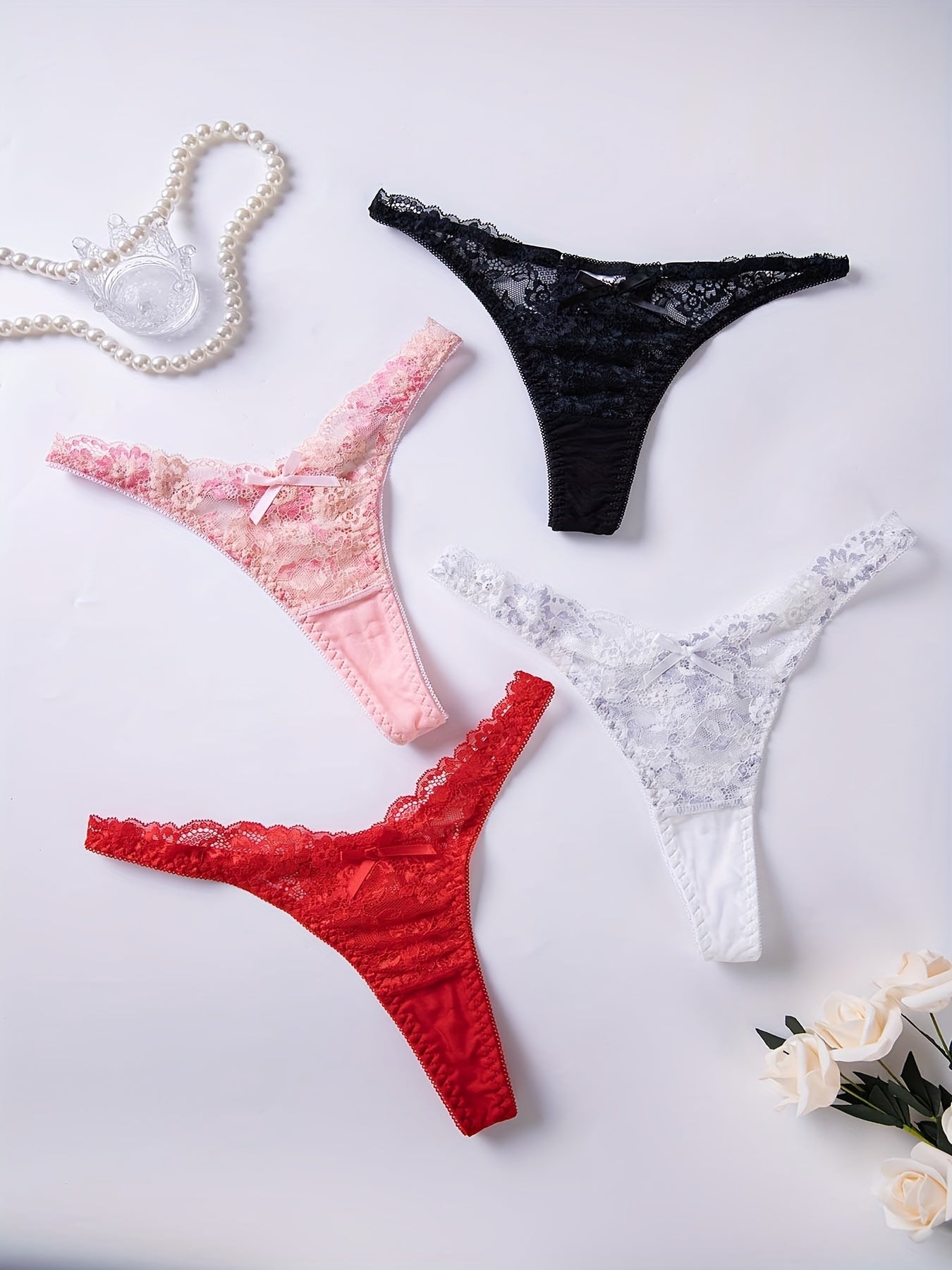 Set of 4 Women's Lace Thongs with Bow Knot Sexy Lingerie