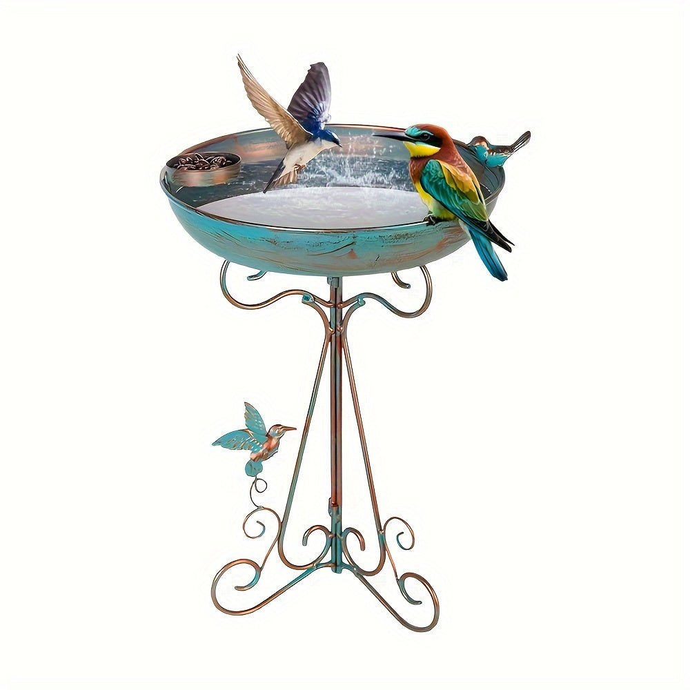 Vintage qush vannasi stendi, 12 dyuymli metall idish va tashqi foydalanish uchun ajratiladigan egiluvchan temir asos bilan qushlarni oziqlantirish stansiyasi sifatida.