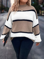 Plus Size Women's Striped Knit Sweater Long Sleeve Mock Neck Fall Winter