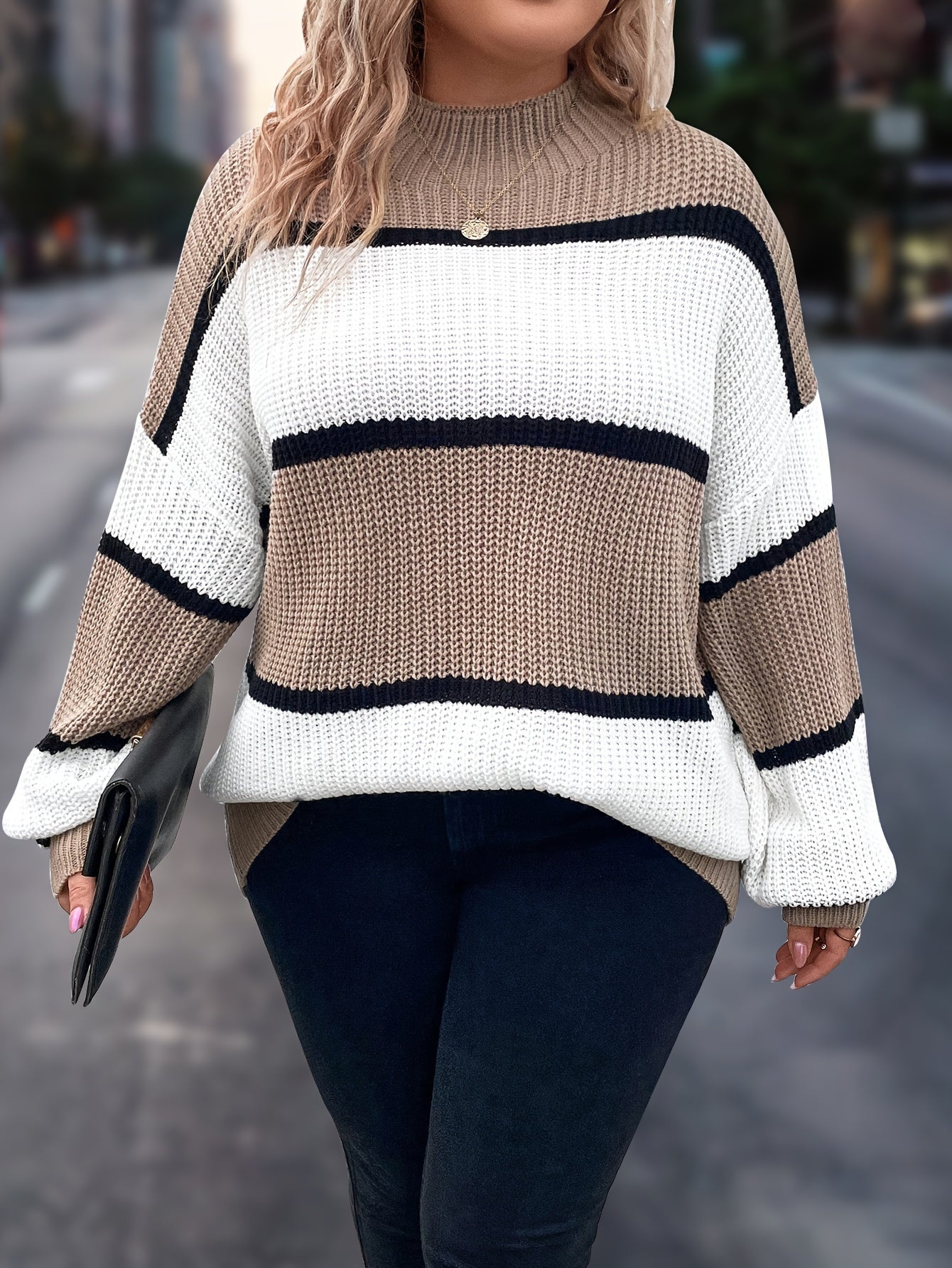 Plus Size Women's Striped Knit Sweater Long Sleeve Mock Neck Fall Winter