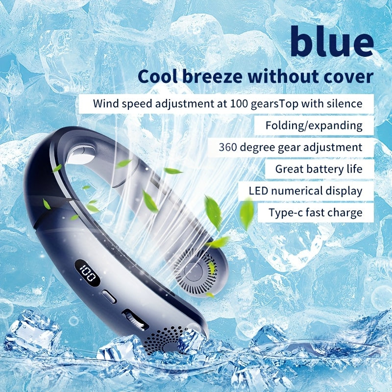 Portable USB Fan with LED Display Handheld Neck Hanging 10-Speed Rechargeable Battery for Travel Outdoor Beach