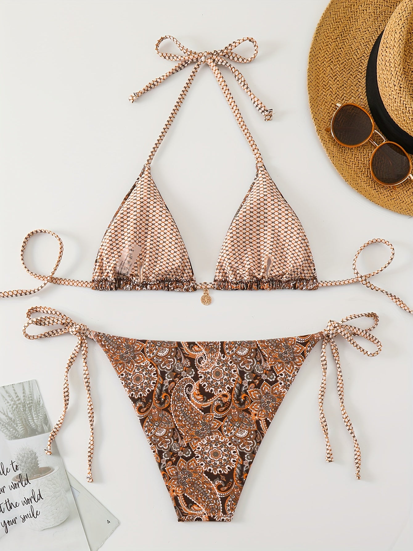 Women's Bikini Set with Random Print Halter Neck and Side Laced Bottom