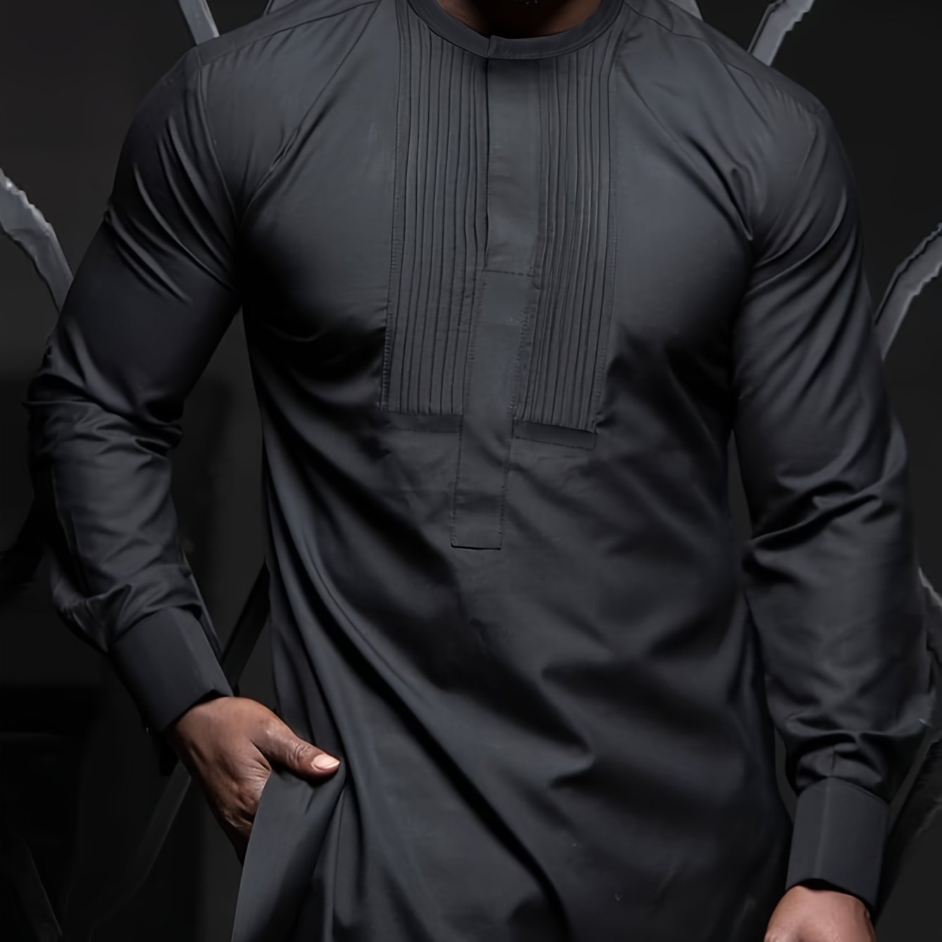 Men's Plus Size African Dashiki Set Long Sleeve Casual Black Polyester Pleats Drawstring Pants