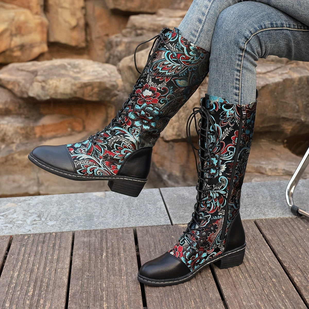 Women's Ethnic Style Lace-Up Mid-Calf Boots Colorful Patterns Casual Shoes