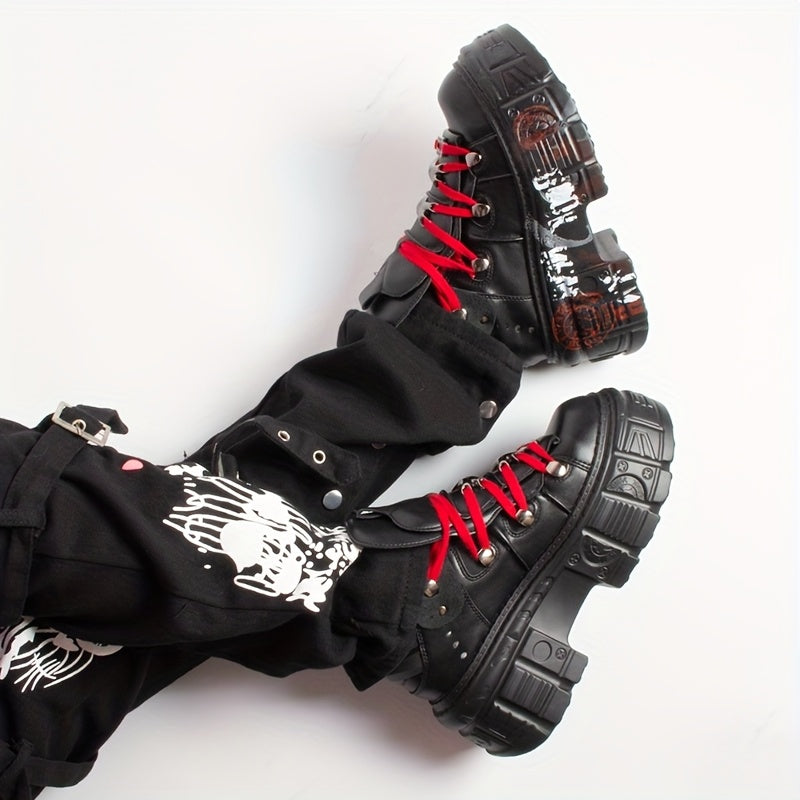 Women's Punk Y2K Gothic Ankle Boots Black Red Lace-Up Platform Toe