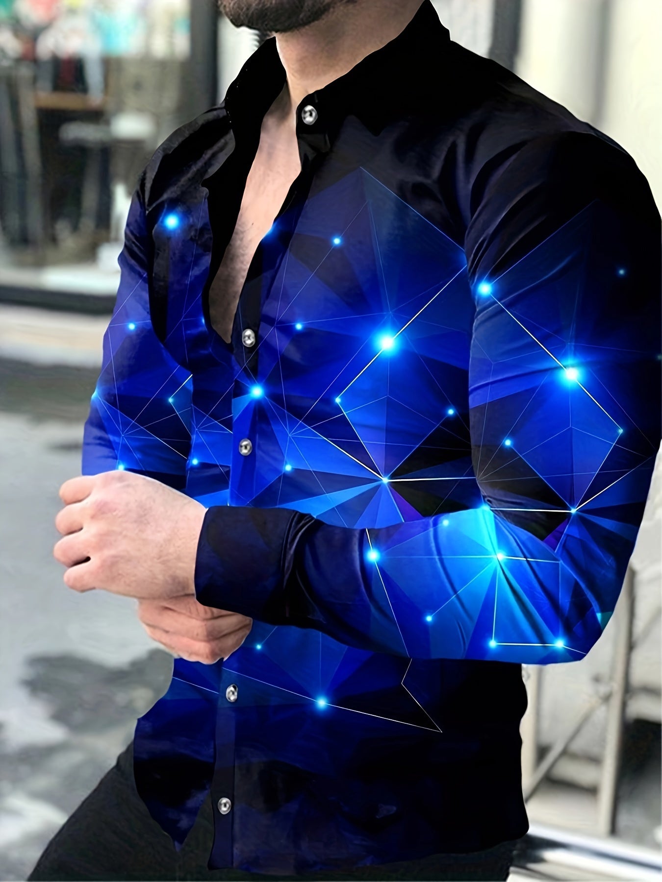 Men's Blue Starry Night Geometric Long Sleeve Shirt Polyester Casual Button-Up with Chest Pocket