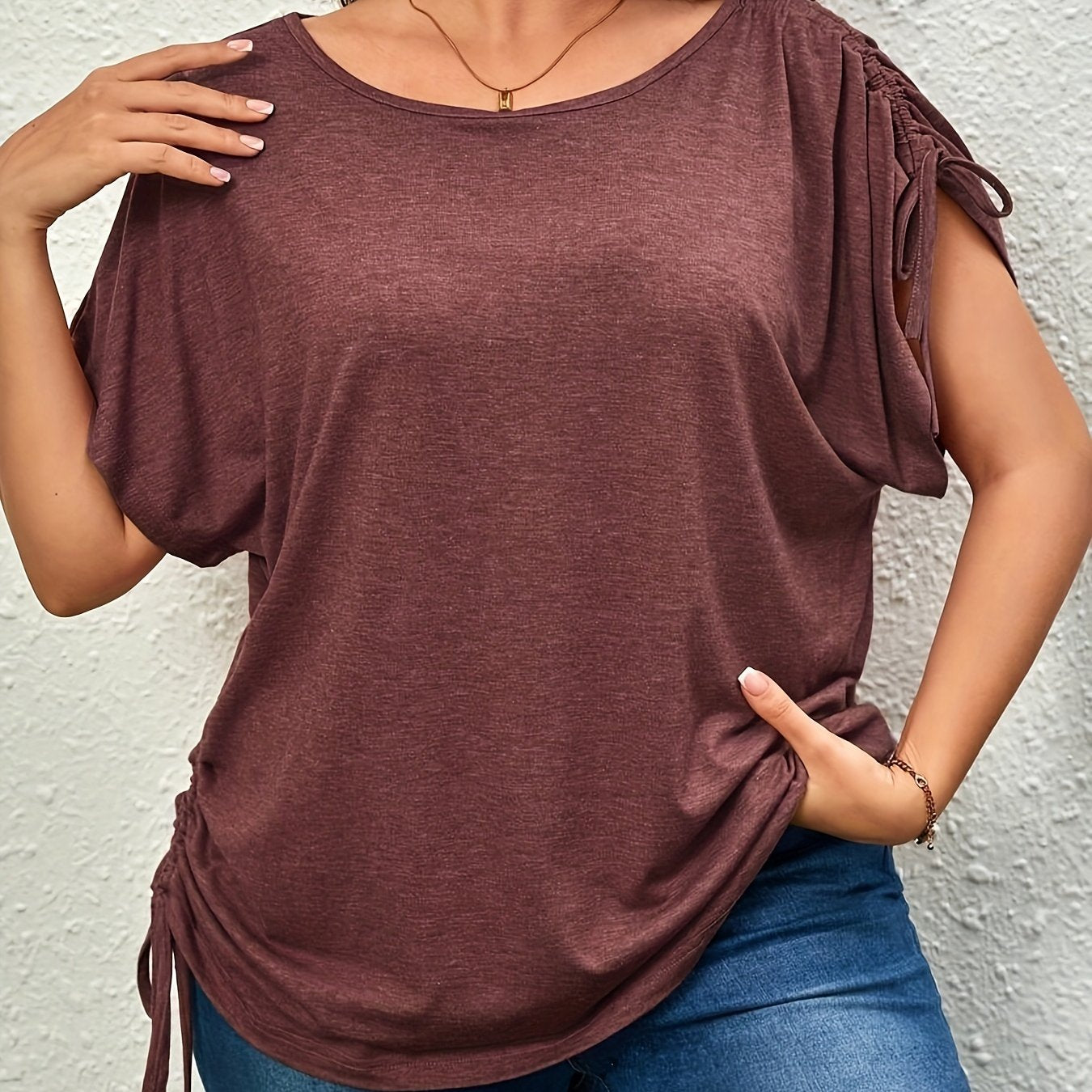 Plus Size Women's Casual T-Shirt with Drawstring Ruched Short Sleeves