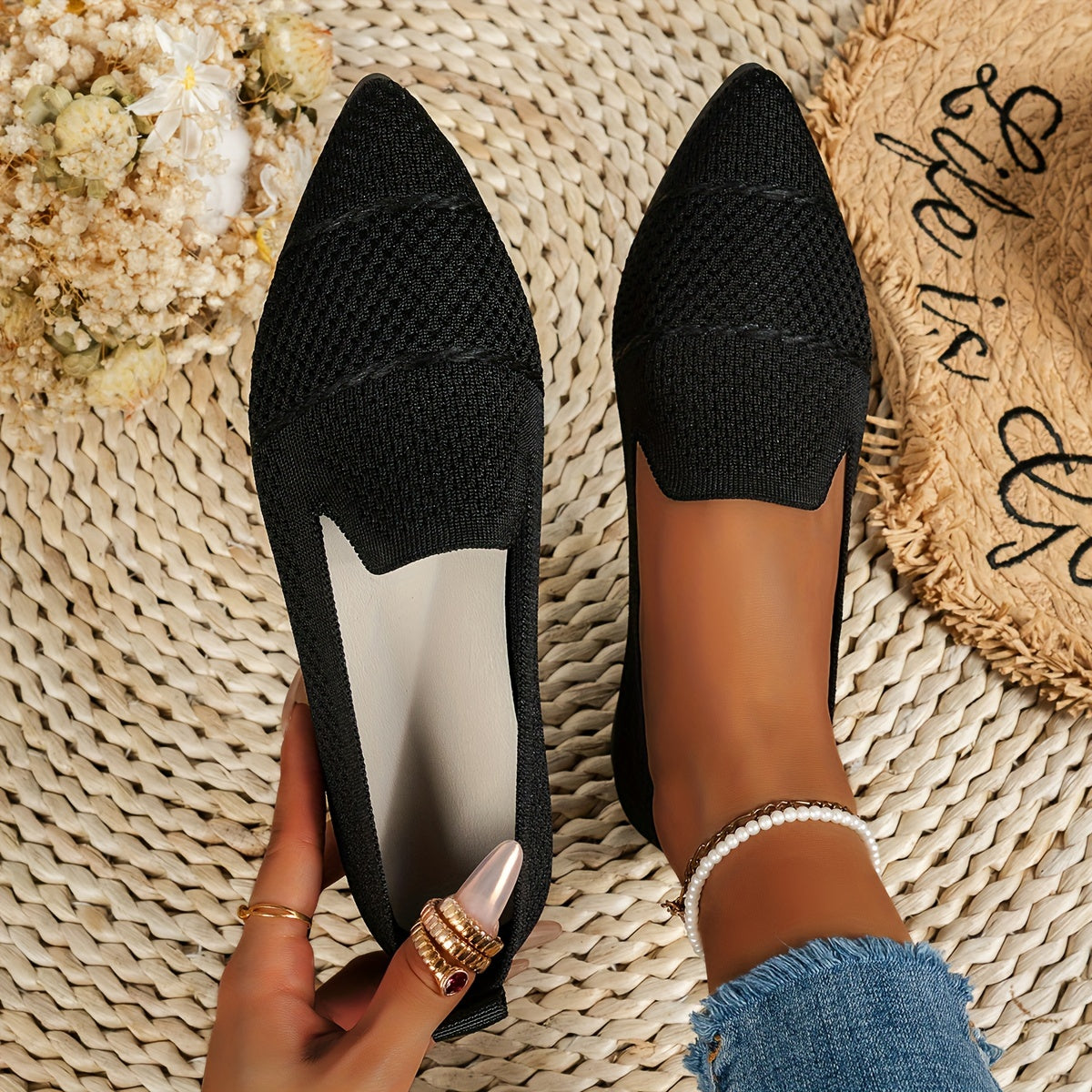 Women's Pink Slip-On Pointed Toe Flats Breathable Fabric All-Season Shoes