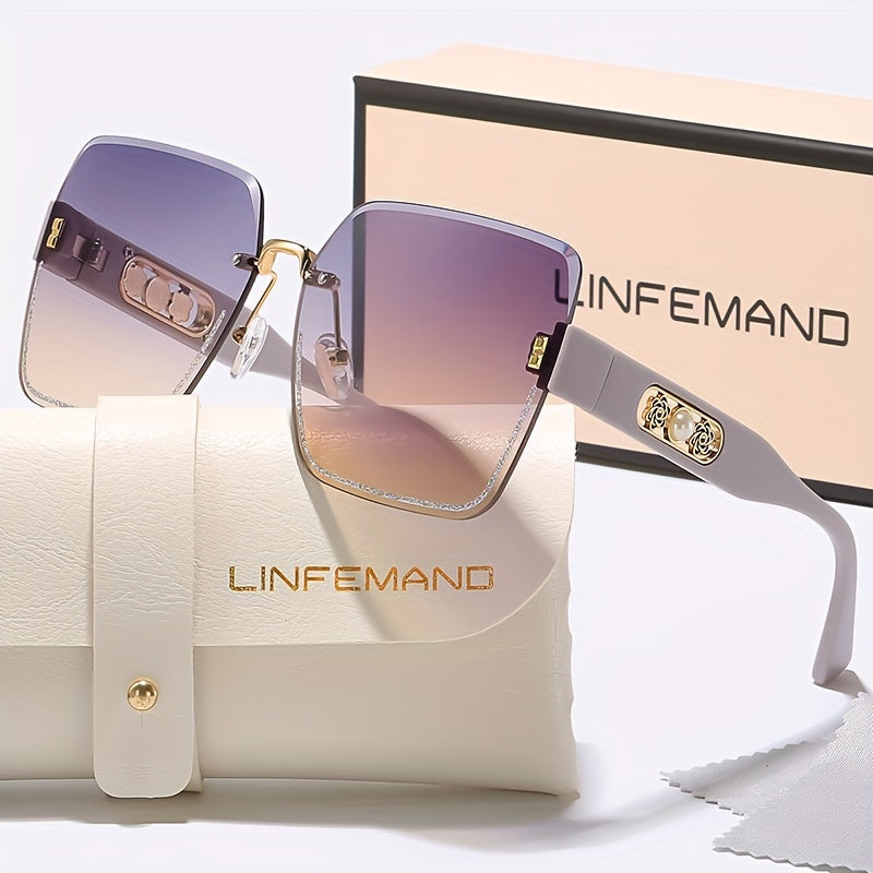 Frameless Gradient Fashion Eyeglasses with Pearl Flower Decoration for Men Women PC Lens Plastic Frame