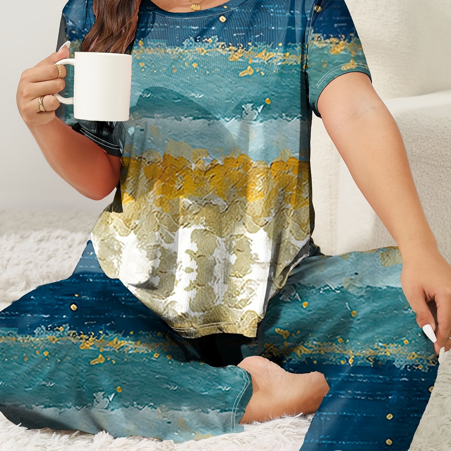 Women's Plus Size Lounge Pajama Set Short Sleeve Crew Neck Painting Print