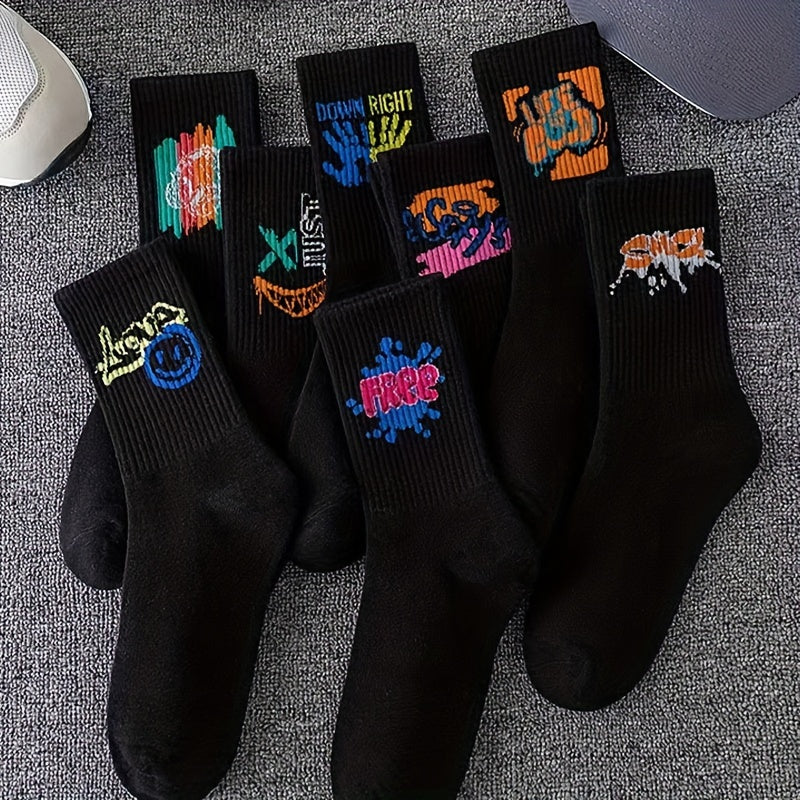 Colorful Graffiti-Style Crew Socks for Couples Polyester Breathable Comfortable Pack of Five