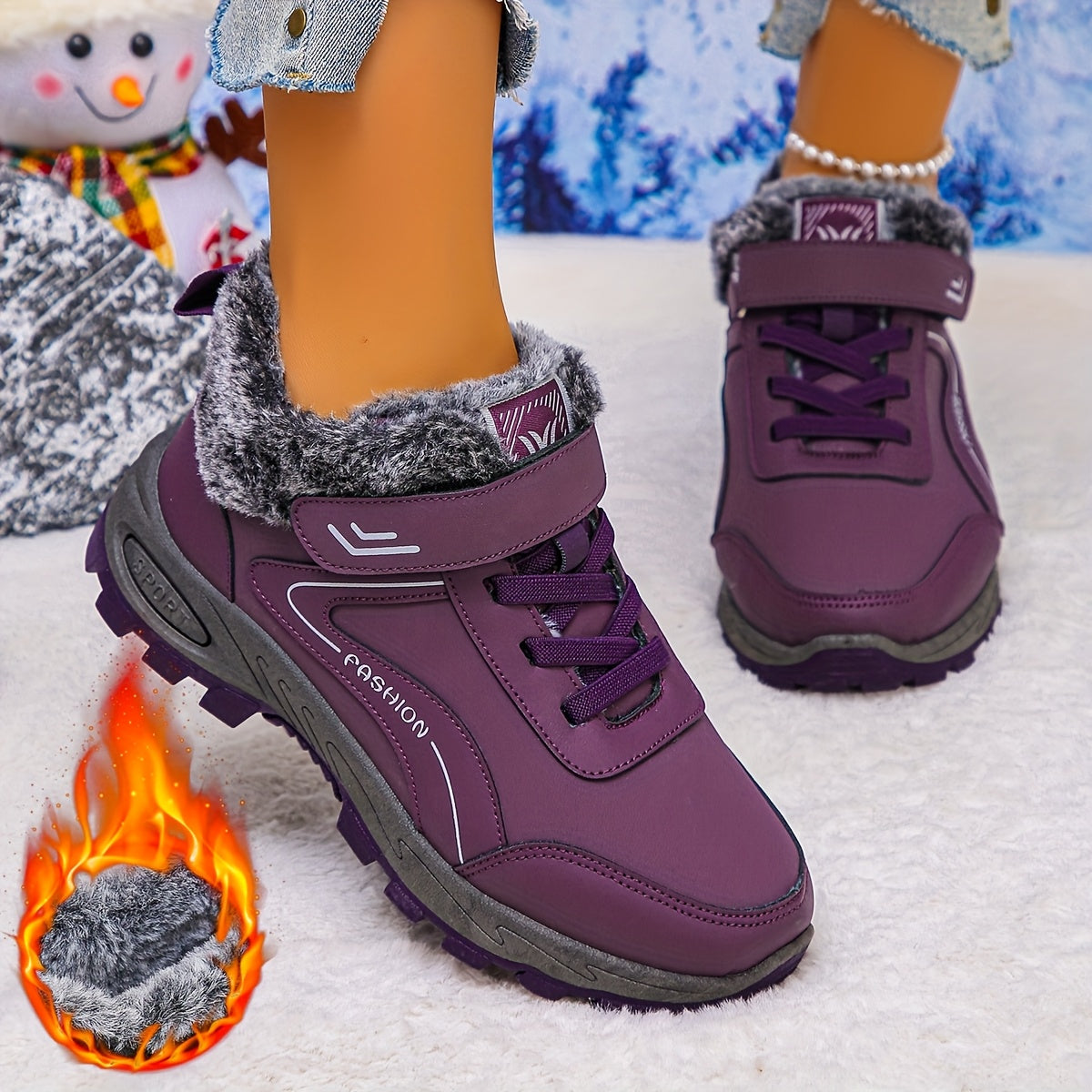 Women's Winter Ankle Boots Synthetic Leather Black Red Slip-On Lace-Up Boots