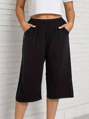 Women's Plus Size Stretchy Capri Pants with Pockets Black Wide Leg