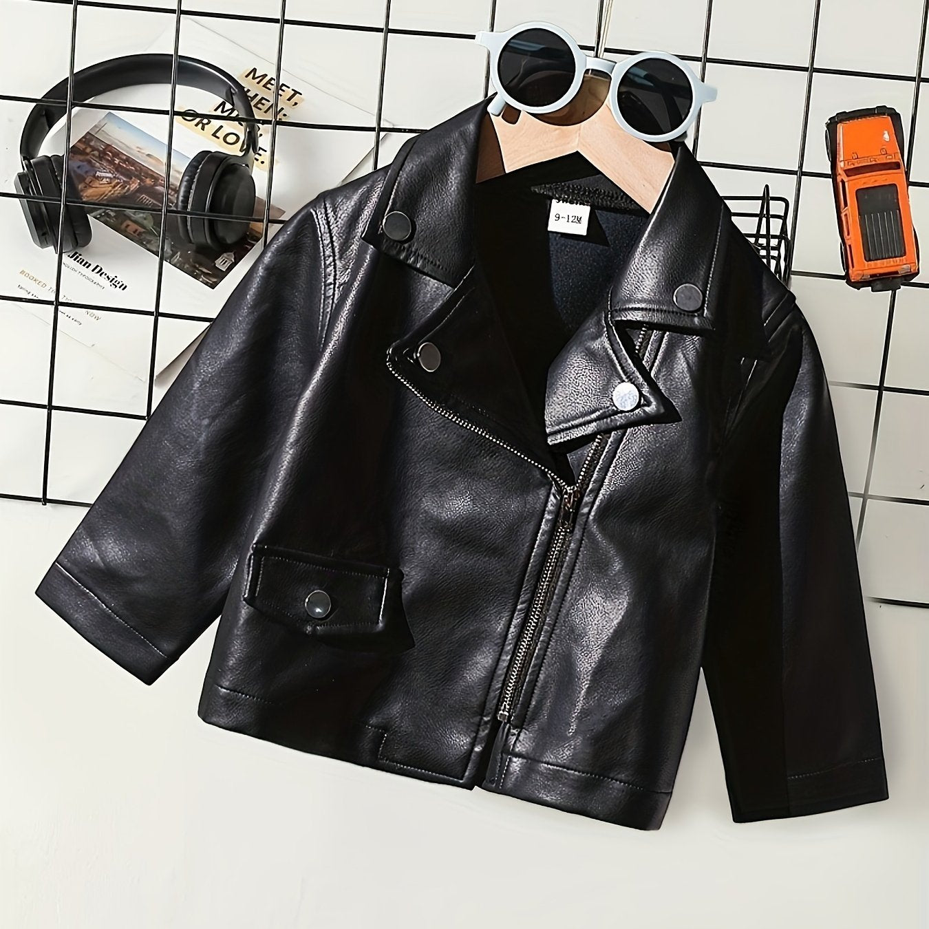 Kids Brown PU Jacket with Zipper, Lapel Collar, Faux Pockets for All-Season Casual Wear