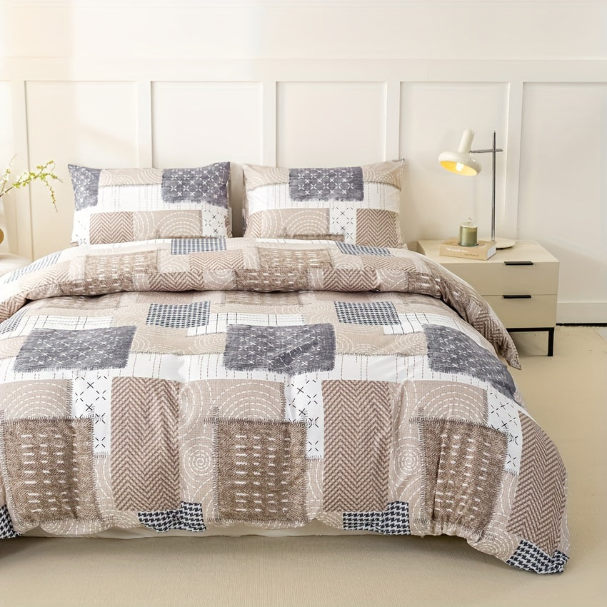 Full Size Cozy Duvet Cover Set with Patchwork Design and Zipper Closure Includes 1 Duvet Cover and 2 Pillowcases