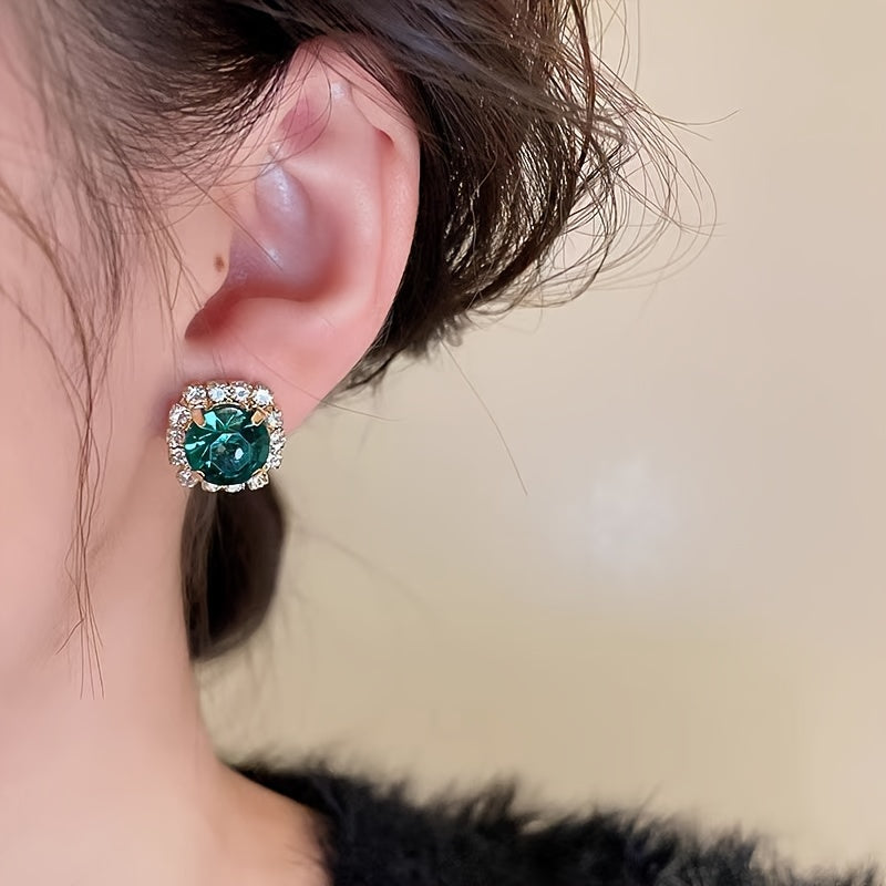 Green Rhinestone Necklace and Earrings Set for Women with Sterling Silver Posts