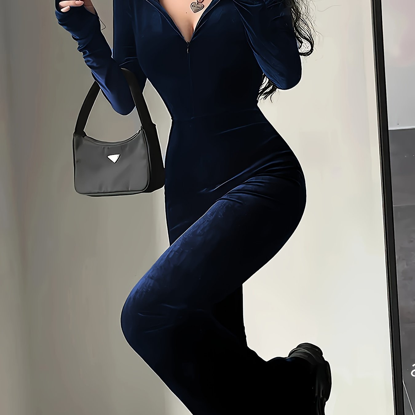 Women's Zipper Front Jumpsuit Hooded Long Sleeve Casual Fall Spring Knit Polyester Solid