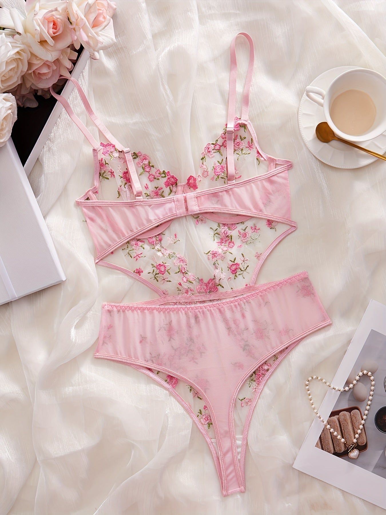 Women's Black Bodysuit with Red Floral Accents V-Neck High-Waisted Sheer Mesh