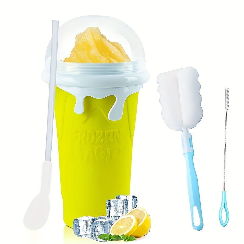 1 dona Silikon Slushy Cup Maker bilan qopqoq, quvur va cho'tkalar bilan - 16.91oz Ikki qatlamli tez muzlatish uchun siqish kubogi - dumaloq shakl, Oila va do'stlar uchun ideal sovg'a, yozgi ichimliklar uchun
