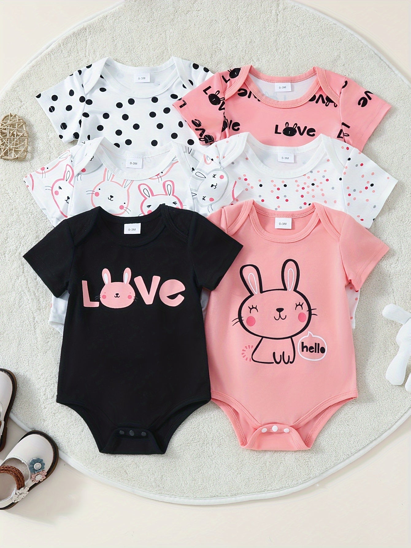 Set of Six Cute Bunny-Themed Short-Sleeve Cotton Baby Onesies for Outdoor Wear