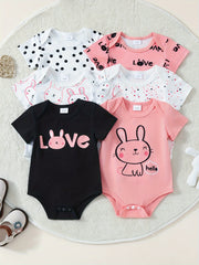 Set of Six Cute Bunny-Themed Short-Sleeve Cotton Baby Onesies for Outdoor Wear