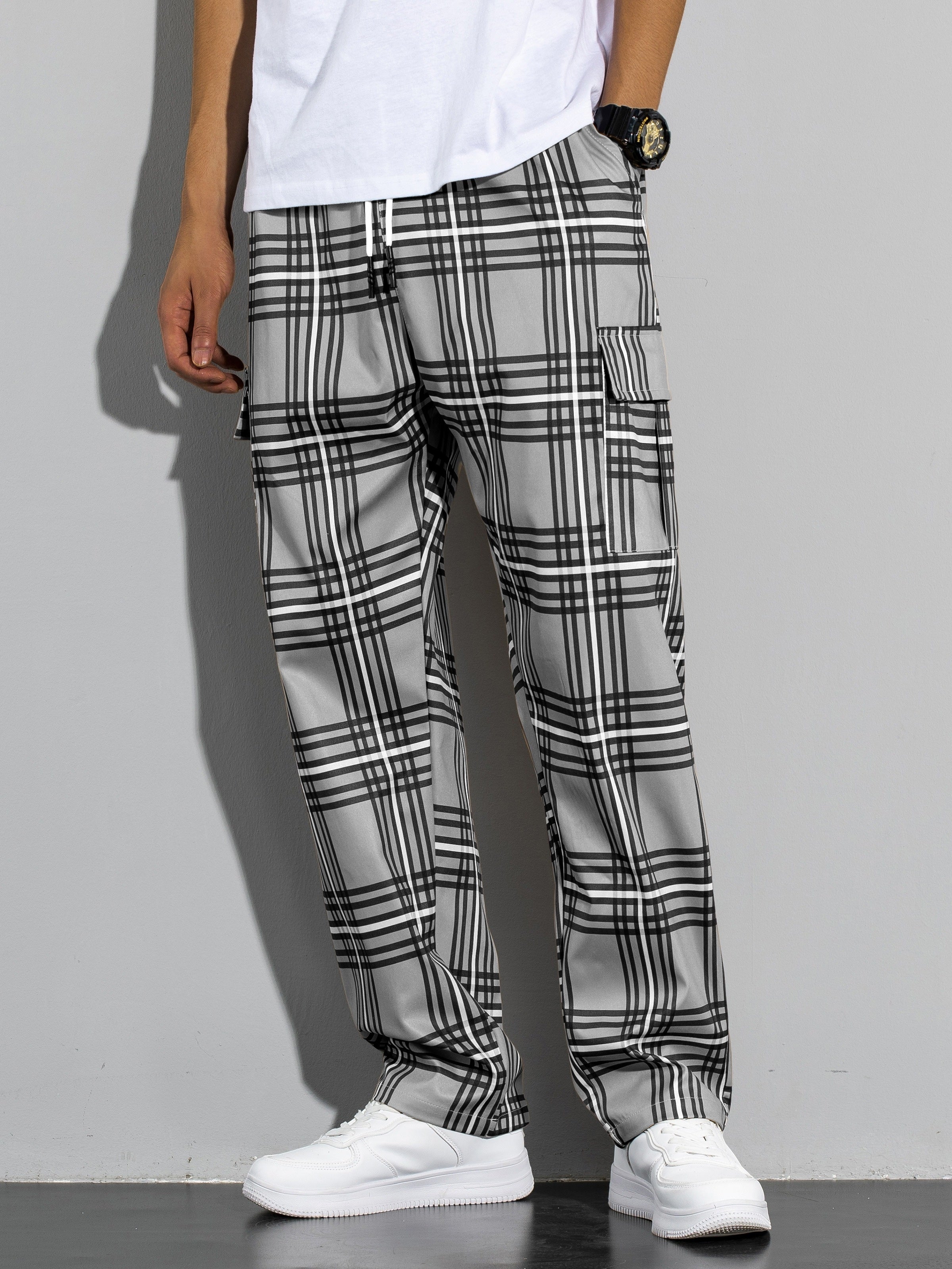 Adult Plaid Cargo Pants with Multiple Pockets and Slight Stretch Fabric