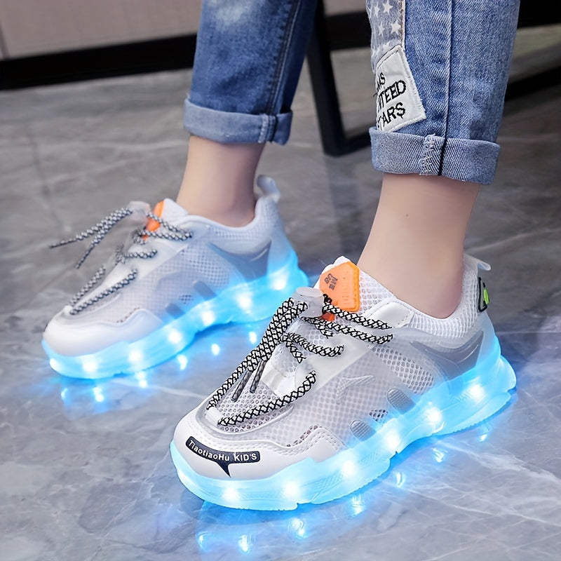Kids LED Light-Up Sneakers Breathable Mesh Non-Slip Soft Sole for Boys Girls Toddler Children in White Blue Orange