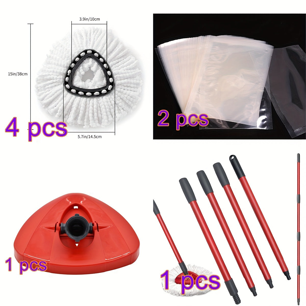 White 4-Piece Mop Head Set with Red Gray Mop Handle and Triangle Plate