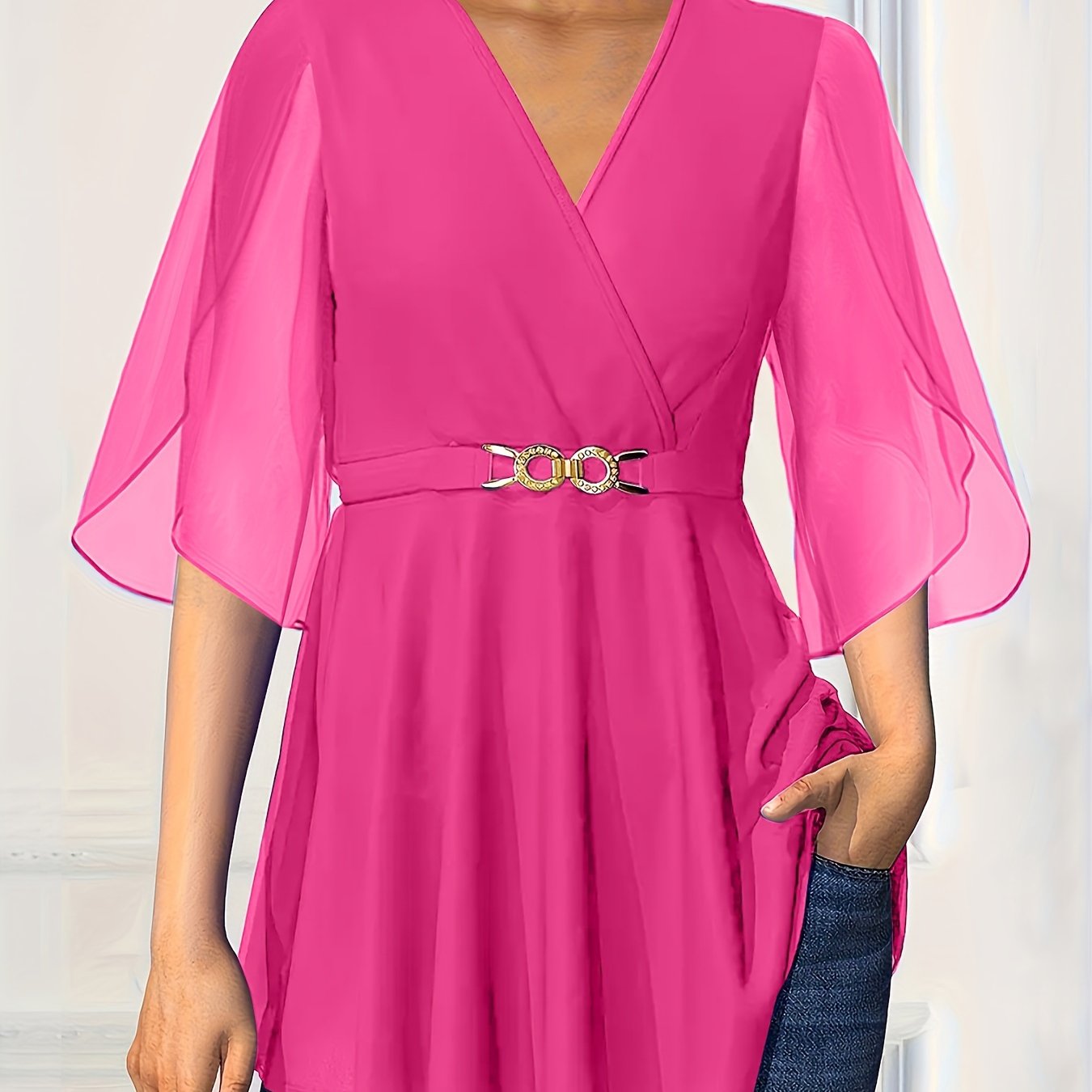 Women's Chiffon V-Neck Summer Top with Cinched Waist