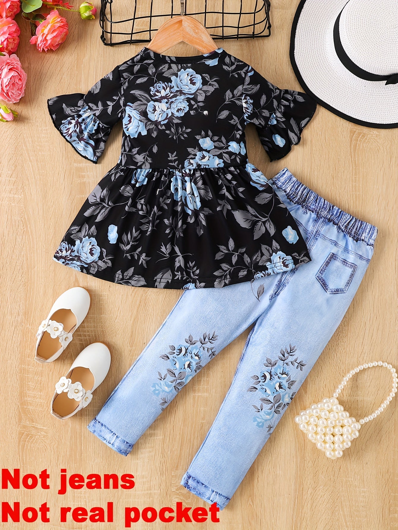 Girls Floral Peplum Top and Leggings Set with Flare Sleeves for Summer