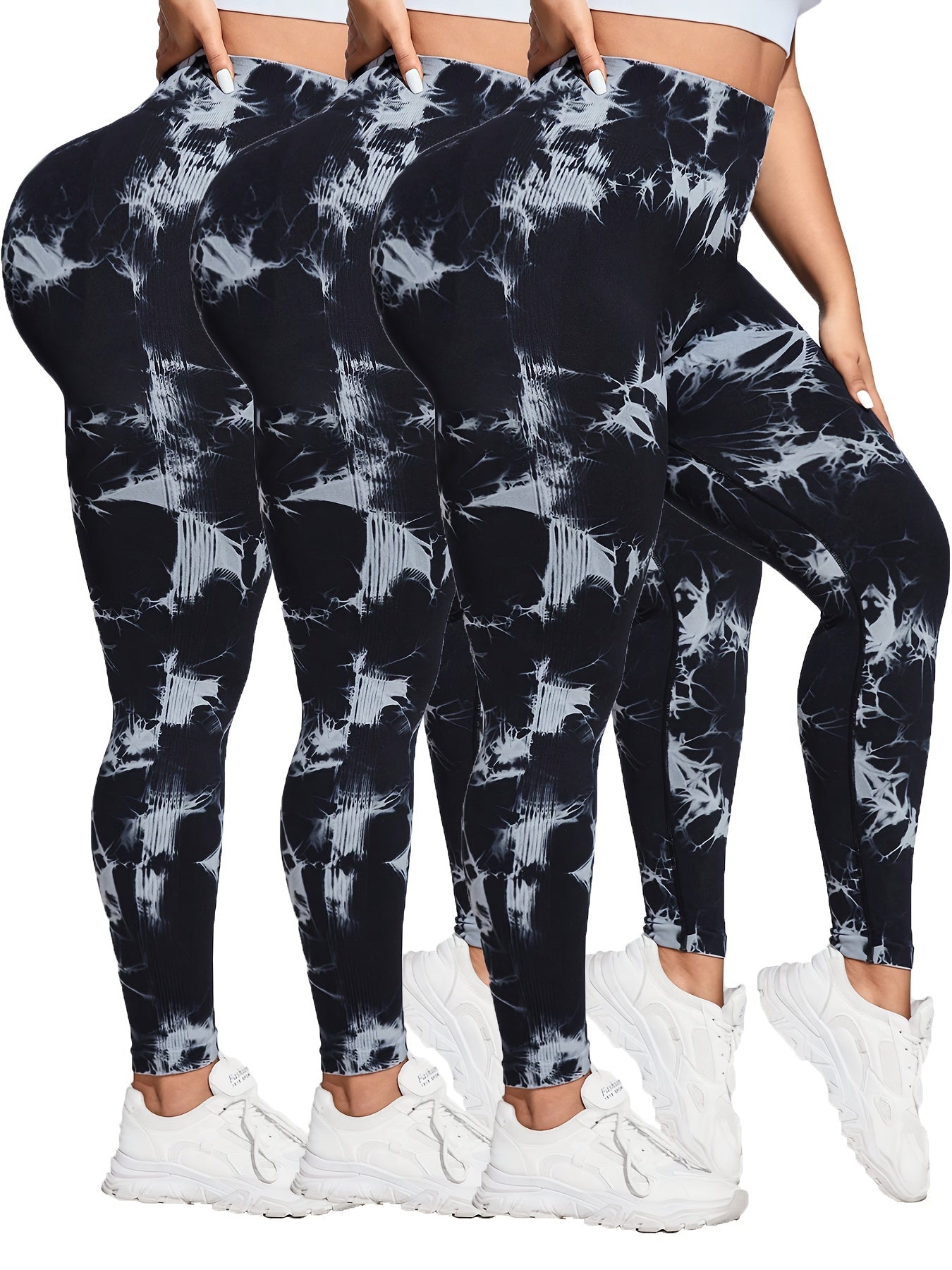 Plus Size Women Seamless Quick-Dry Tie-Dye High Waist Yoga Leggings 3 Pack