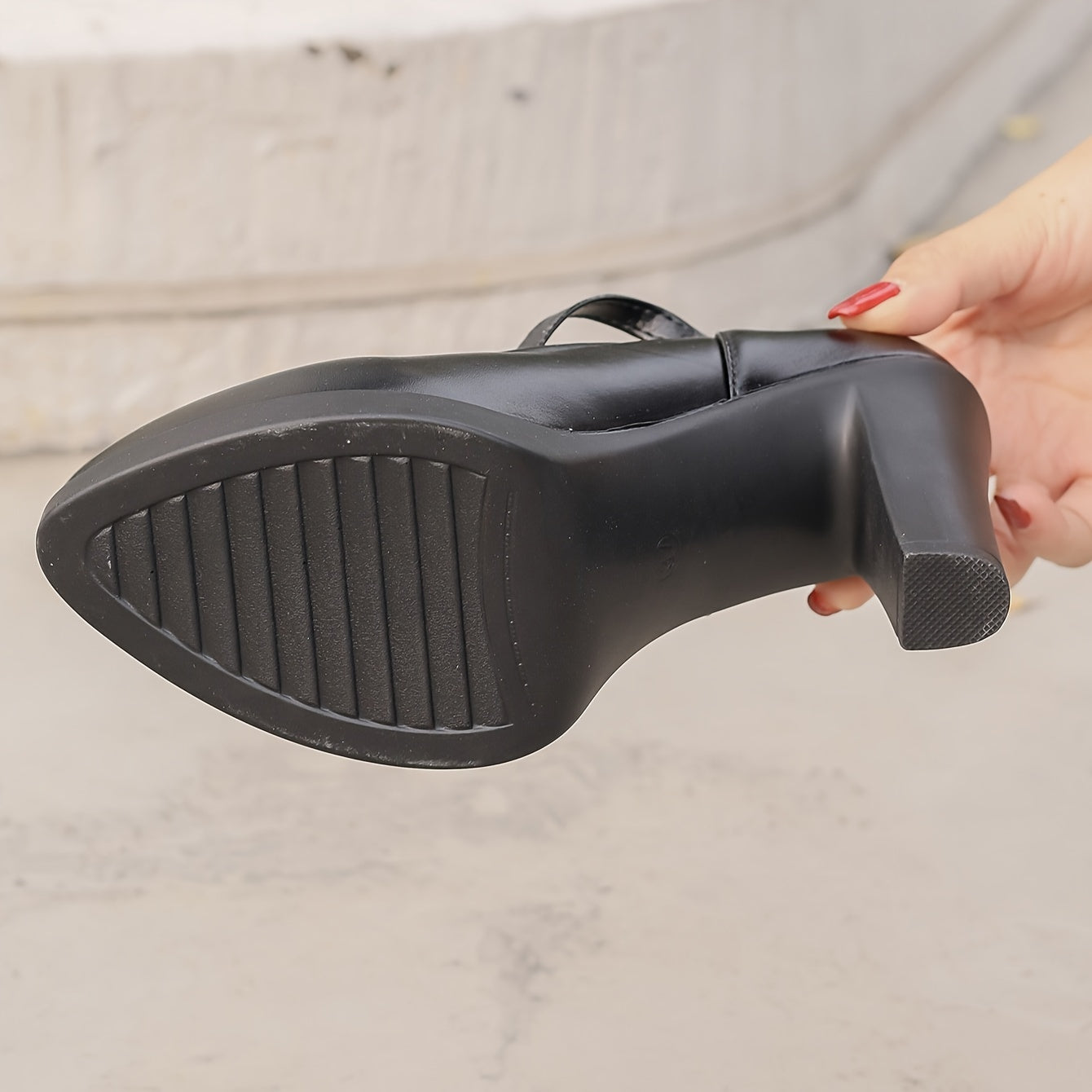 Women's Black Synthetic Pointed-Toe Block Heel Mary Jane Pumps for Office and Formal Events