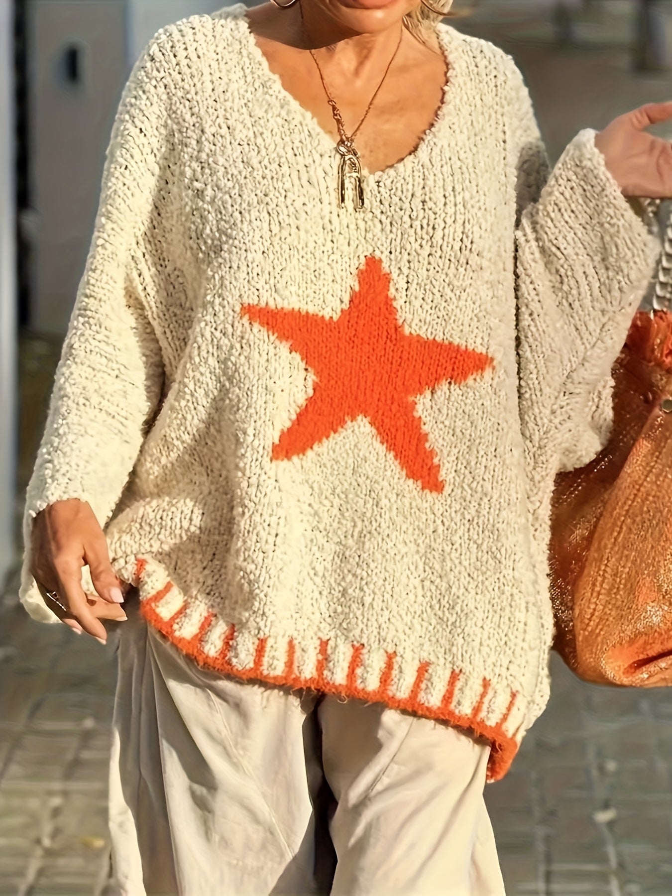 Plus Size Women's V-Neck Sweater in White with Red Star Casual Pullover