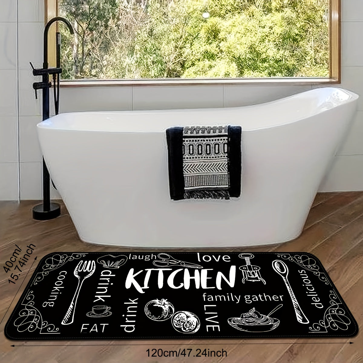 Black Kitchen Floor Mat Non-Slip Washable with Cooking and Dining Themes for Doorways Laundry Bathroom