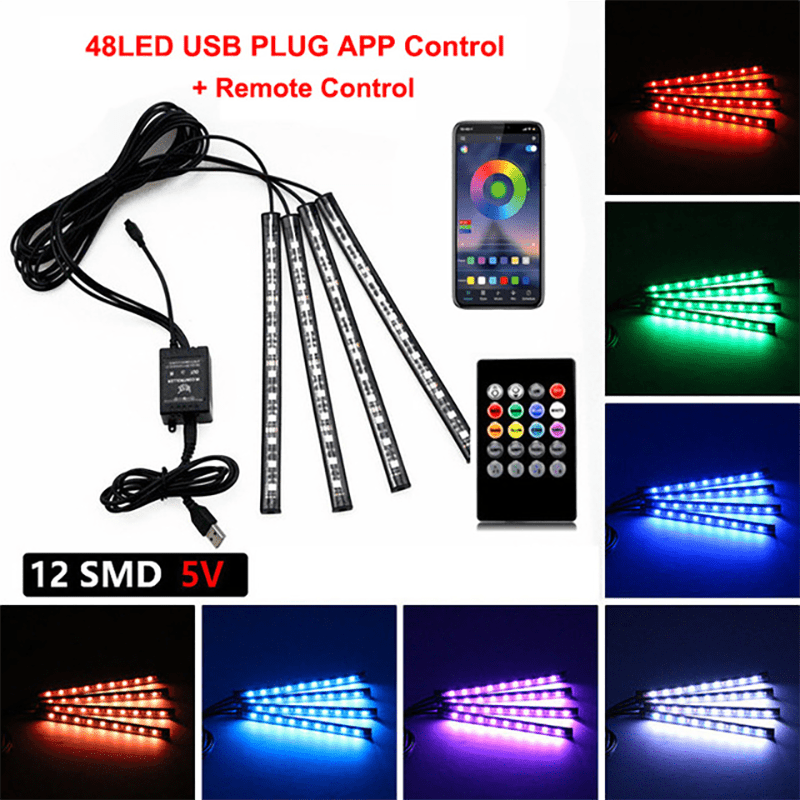RGB Neon LED Car Interior Ambient Foot Strip Light Kit with Remote Control