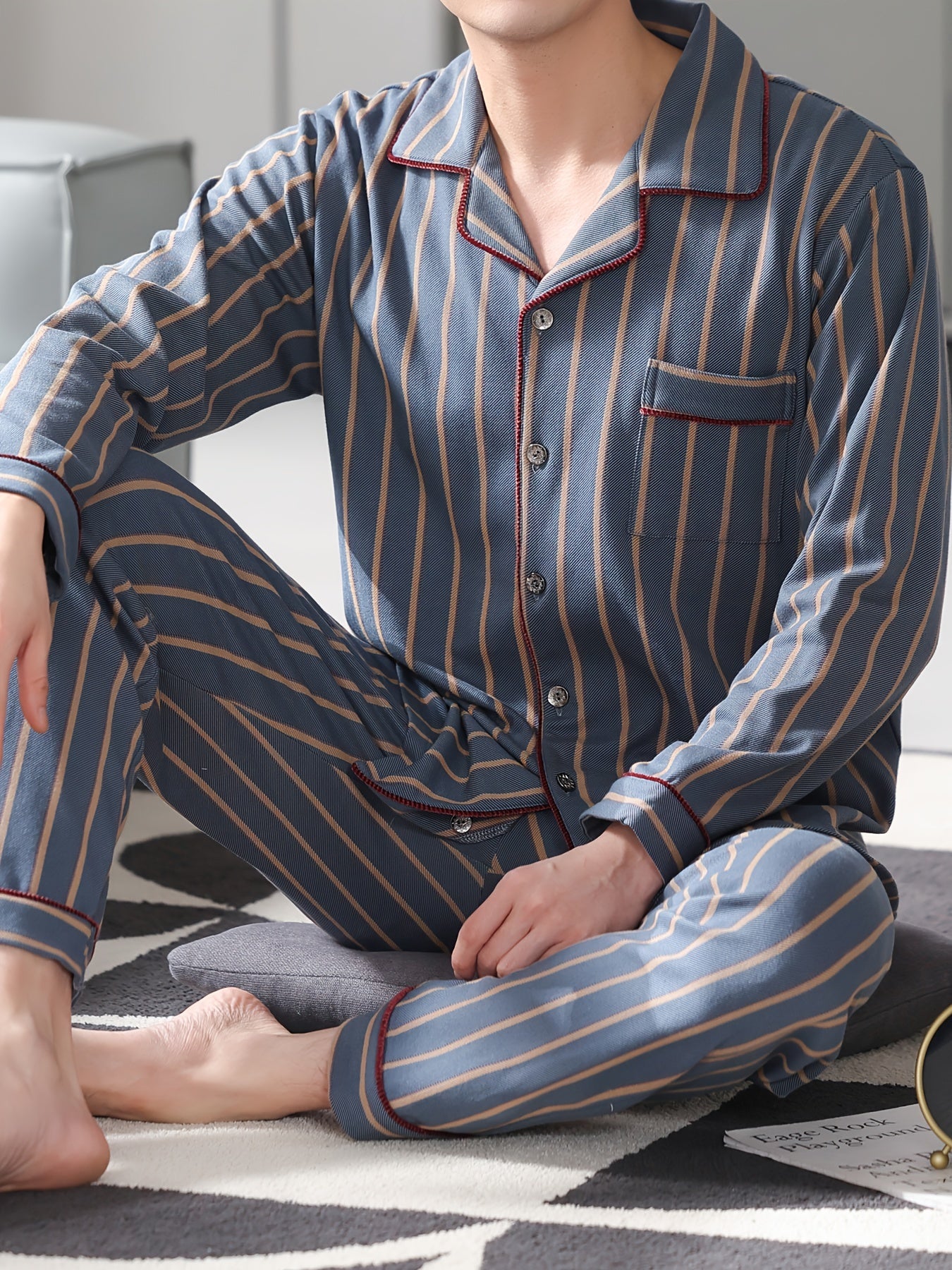 Men's Cotton Striped Pajama Set Long Sleeve Lapel Shirt Elastic Waist Pants Lounge Sleepwear