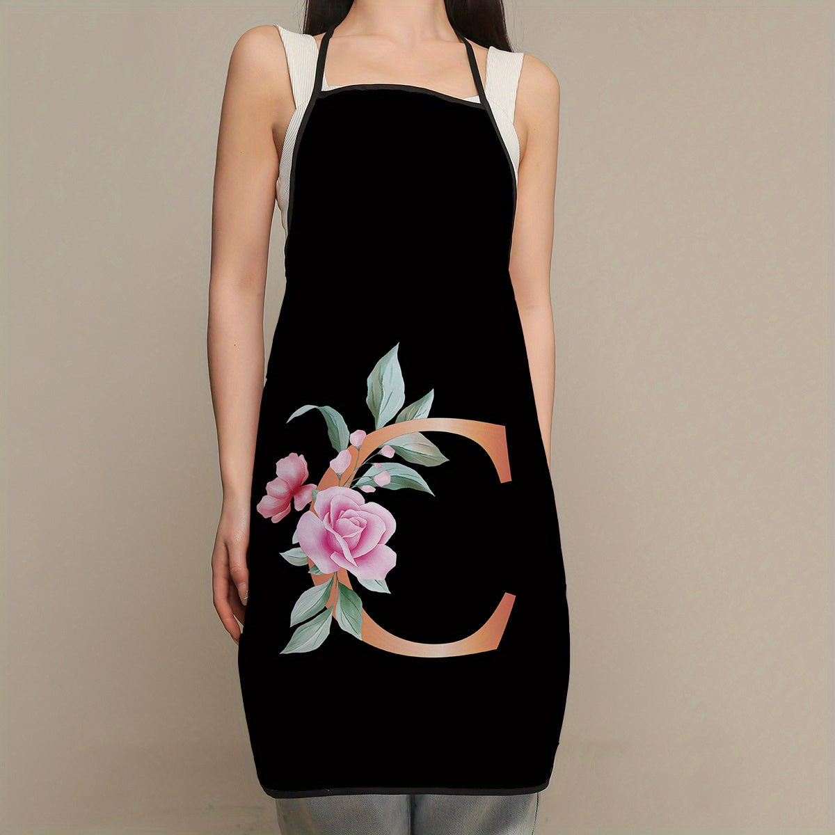 Women's Polyester Apron with Flower and Letter Print Waterproof Thickened Kitchen Cooking Cooking Apron