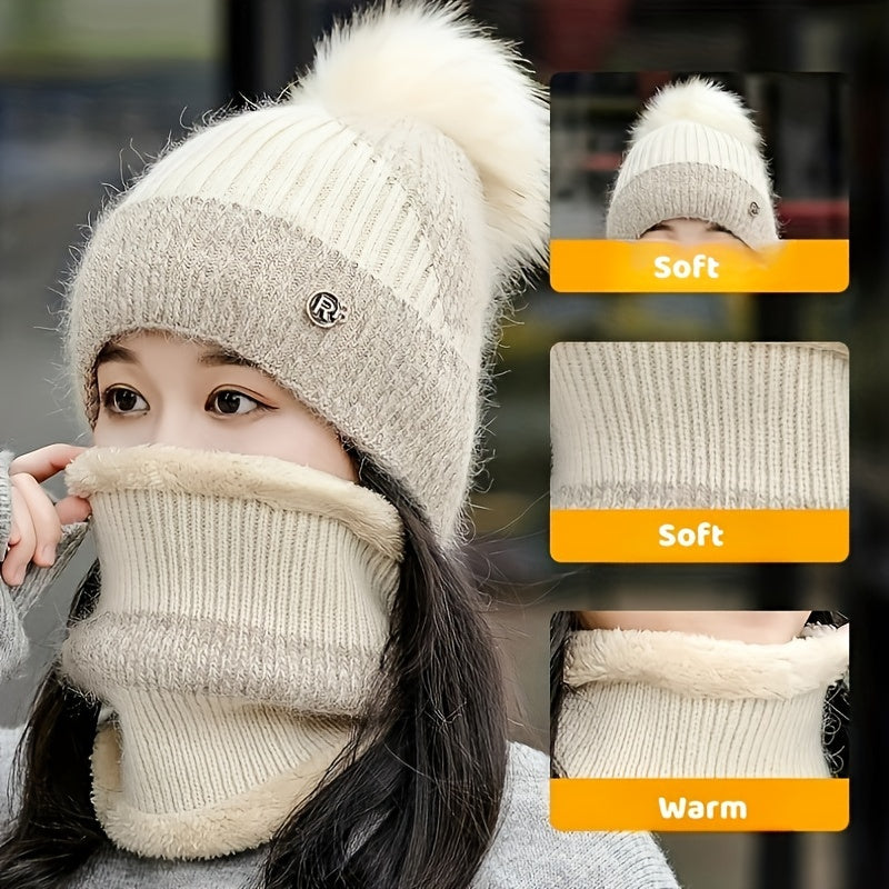 Women's Fleece-Lined Knit Beanie and Scarf Set Warm Winter Hat and Neck Warmer