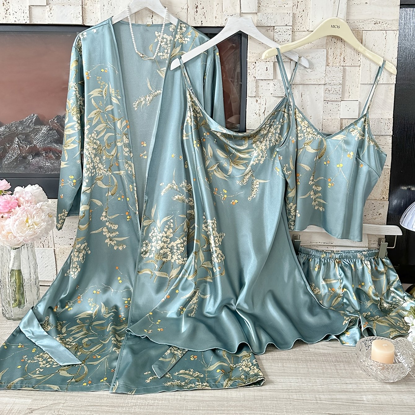 Plus Size Satin Robe Set Women Cherry Blossom Print Long Sleeve Cami Nightgown Shorts