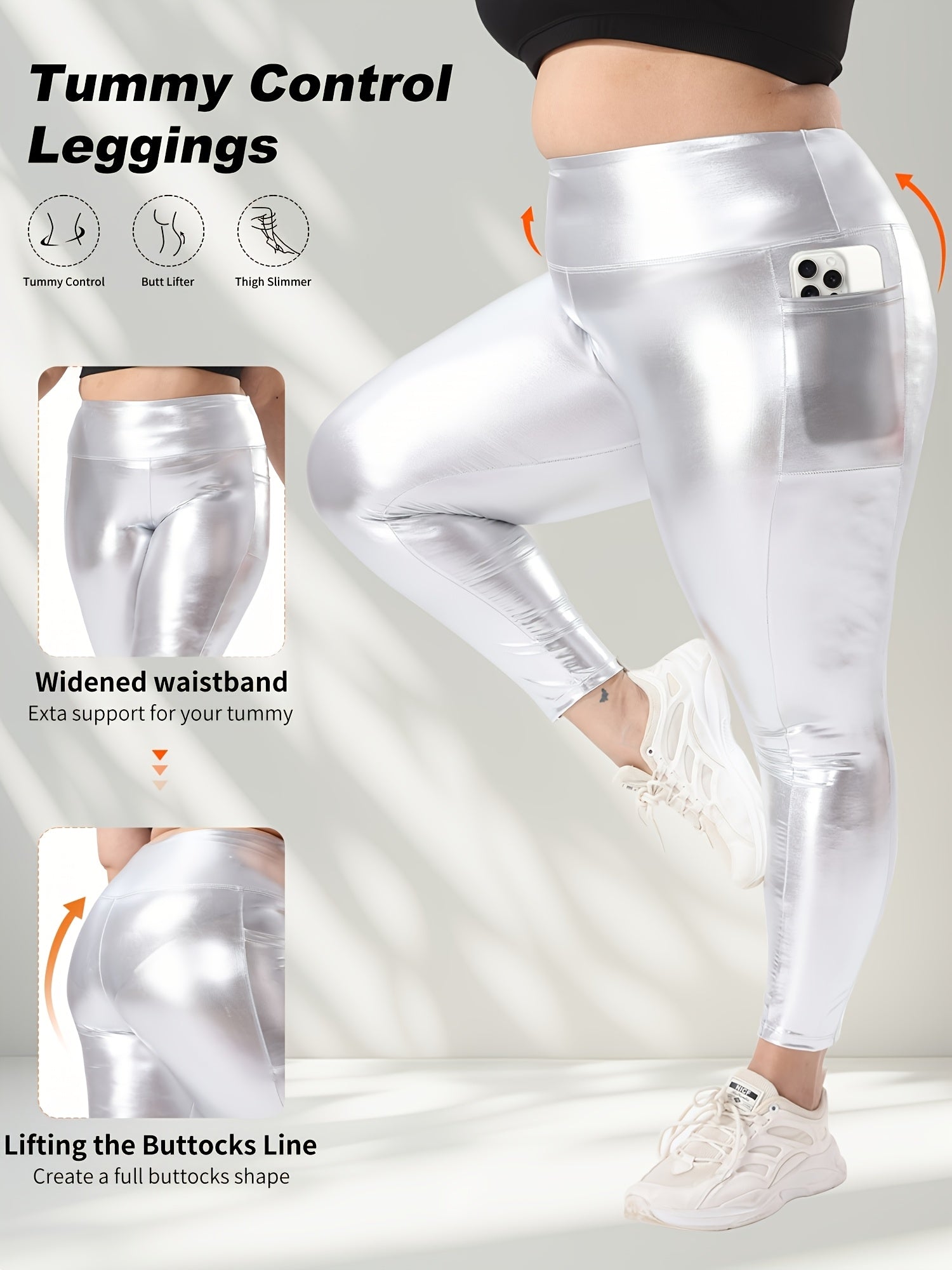 Plus Size Yellow High-Waisted Stretch Leggings 7/8 Yoga Pants With Pockets