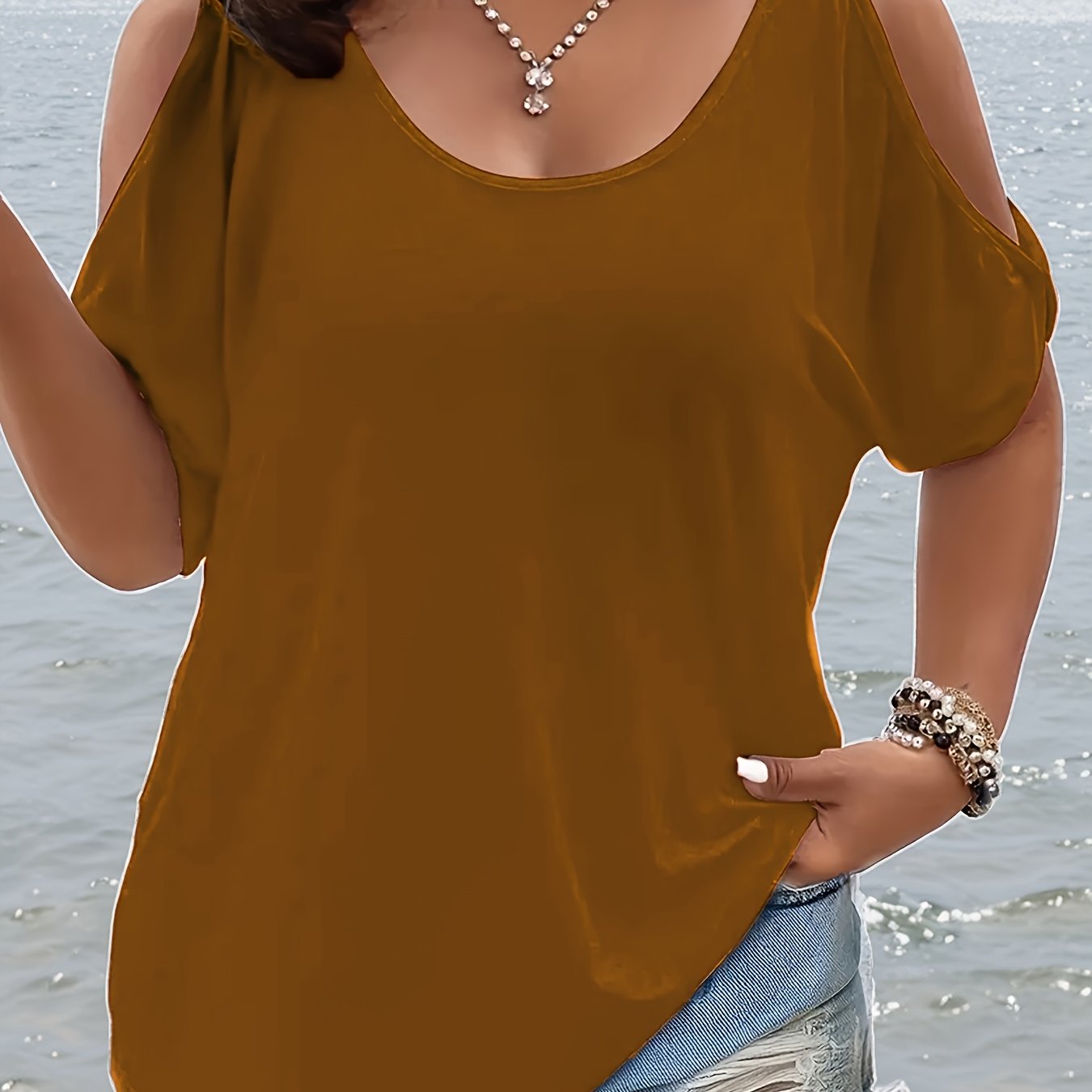 Women's Off-Shoulder Round Neck T-Shirt Soft Stretchy Solid Summer Casual