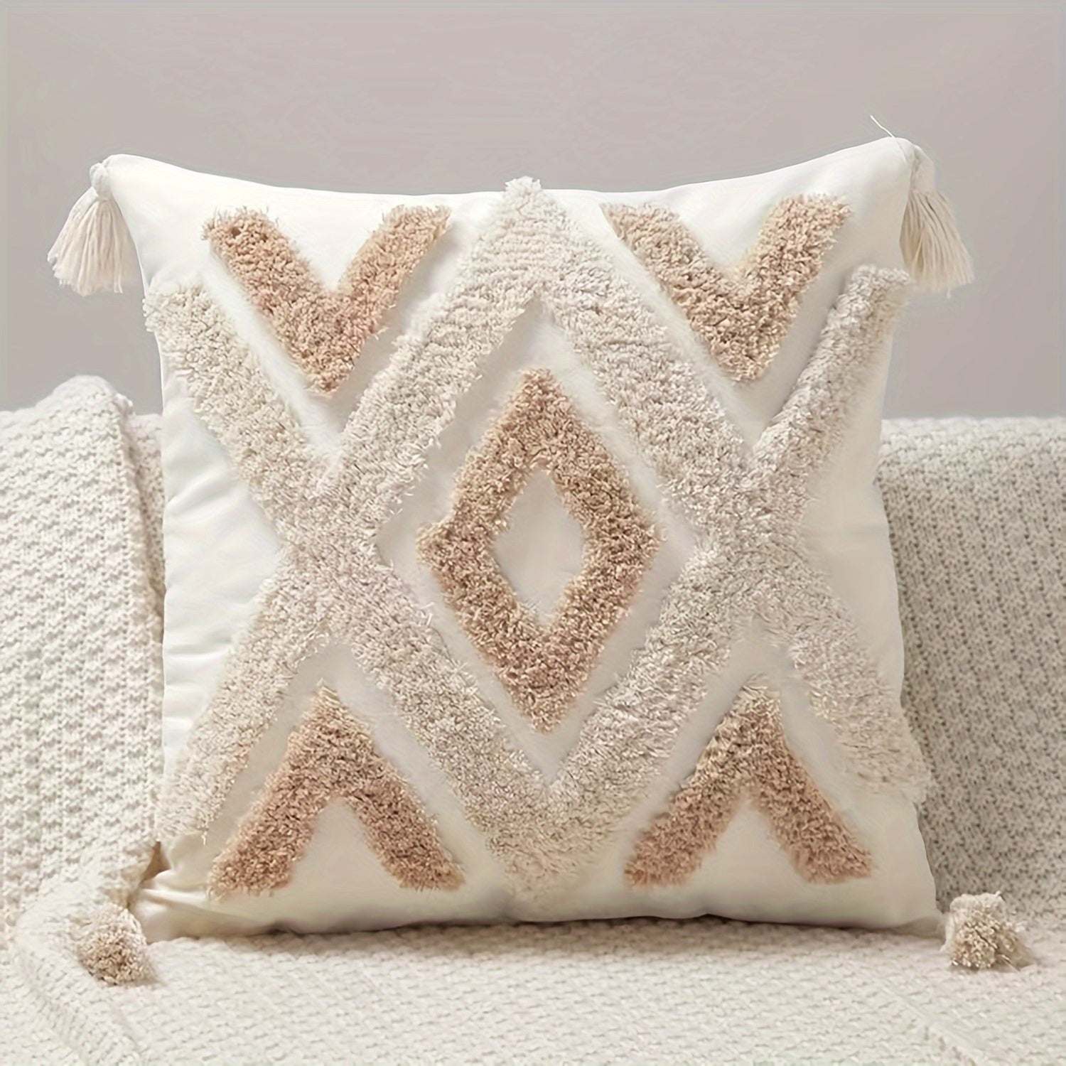 Beige Tufted Pillow Cover with Tassels and Geometric Pattern for Couch or Bed